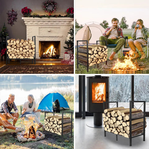 Built Tough Heavy Duty Firewood Rack For Indoor And Outdoor Use 2ft Log Storage Holder in living room and campsite settings