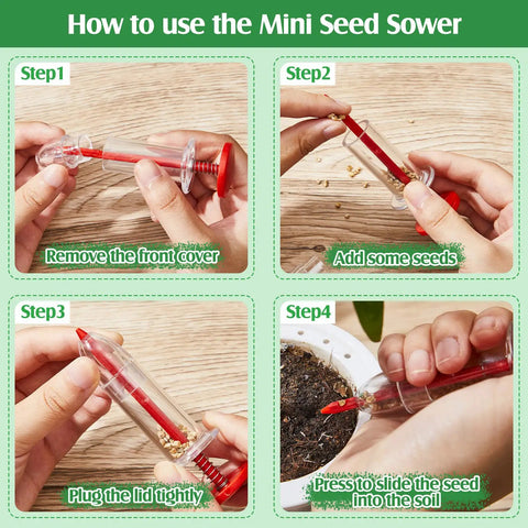 Step-by-step guide using Six Piece Mini Seed Sowing Dispenser Kit With Two Transplanting Tools for precise planting.