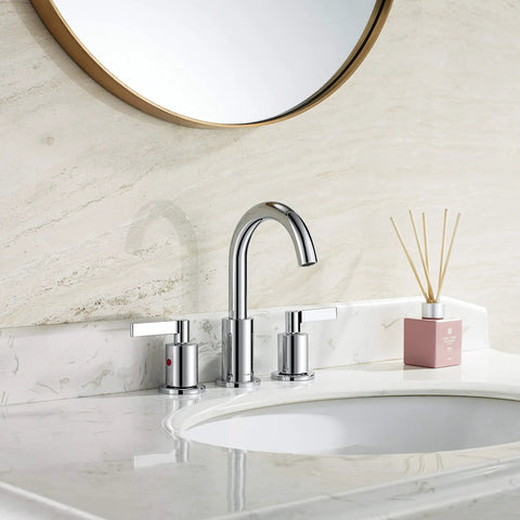Two Handle Widespread Bathroom Faucet With Pop Up Drain No Fuss High Arc 8 Inch Vanity Lavatory Brass Spout 360 Degree Swivel Drip Free Ceramic Cartridge Lead Free CUPC NSF61 CEC Certified installed on white marble vanity.