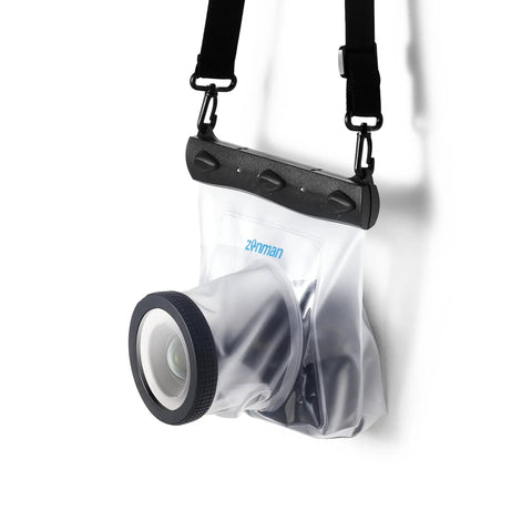 Universal Waterproof DSLR Underwater Housing Case Pouch Bag For Canon Nikon Sony Pentax Cameras Fits Lenses Up To 13 Cm 5.12 Inches Transparent Clear Protective Housing For Depth Sealed Outdoor Shooting hanging on white background