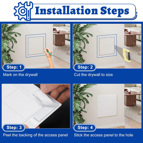Installation steps for No Sweat Self Adhesive Drywall Access Panel 10 X 10 Inch for covering drywall holes seamlessly.