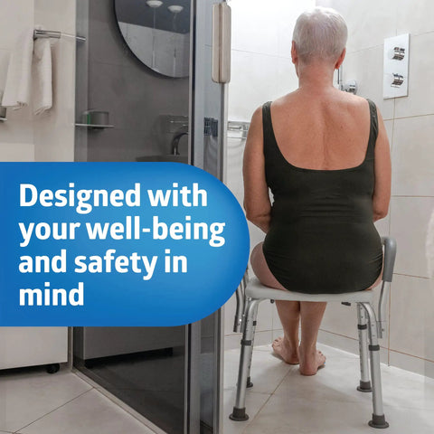 Heavy Duty Shower Chair With Padded Armrests And Back For Inside Shower Comfort And Safety Slip Resistant Bathtub Seat, user seated