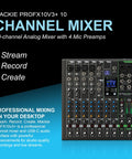 Image of Mackie ProFX10v3+ 10-channel analog mixer with 4 mic preamps, featuring controls and indicators for professional mixing.