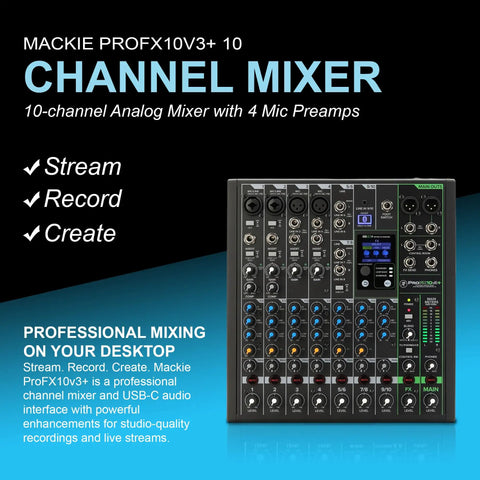 Image of Mackie ProFX10v3+ 10-channel analog mixer with 4 mic preamps, featuring controls and indicators for professional mixing.