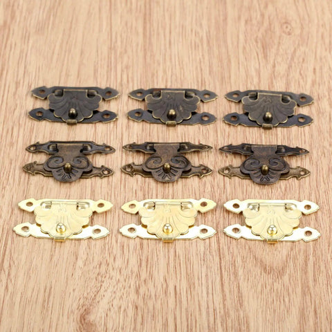 Antique Brass Gold Wood Hasp Lock Set 10Pcs Decorative Latch for Jewelry Boxes and Furniture, retro style on wooden background.