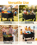 Heavy Duty Collapsible Wagon Cart With Wheels For Easy Grocery Runs And Outdoor Hauls, 220-Lb Capacity; shown during camping, gardening, shopping, and beach use.