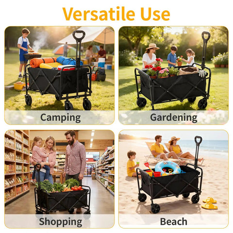 Heavy Duty Collapsible Wagon Cart With Wheels For Easy Grocery Runs And Outdoor Hauls, 220-Lb Capacity; shown during camping, gardening, shopping, and beach use.
