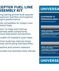 Image of Scepter Fuel Line Assembly Kit features, including primer bulb, Viton O-rings, UV resistance, and compatibility guidelines.