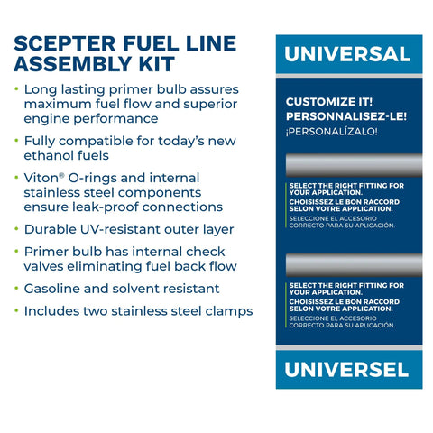 Image of Scepter Fuel Line Assembly Kit features, including primer bulb, Viton O-rings, UV resistance, and compatibility guidelines.