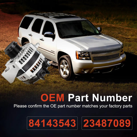 Alternator Replacement For 2015 To 2020 Chevy Suburban And Tahoe, 2014 To 2019 Silverado 1500 with OEM part numbers 84143543, 23487089