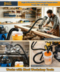 SplashPower Low Profile Cyclone Dust Separator For Shop Vac with yellow bucket and vacuum hose in a workshop setup.