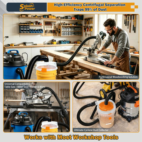 SplashPower Low Profile Cyclone Dust Separator For Shop Vac with yellow bucket and vacuum hose in a workshop setup.