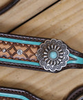 Western Horse Headstall And Breast Collar Tack Set Crafted From Genuine Argentina Cowhide Leather With Geometric Tooling and Turquoise details.