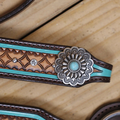 Western Horse Headstall And Breast Collar Tack Set Crafted From Genuine Argentina Cowhide Leather With Geometric Tooling and Turquoise details.