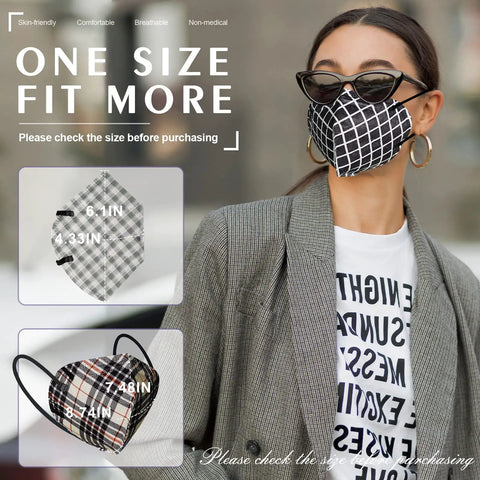 Woman wearing black and white plaid KN95 Face Masks 60 Pack Individually Wrapped, 5 Layer Filtration For Adults Men Women.