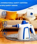Tough Day Grime Handheld Steam Cleaner That Heats Up Fast With A 13 Foot Cord To Wash Down Floors Tiles Carpets Couches And Car Seats Perfect For Quick Spot Fixes Around The Home with safety features shown.