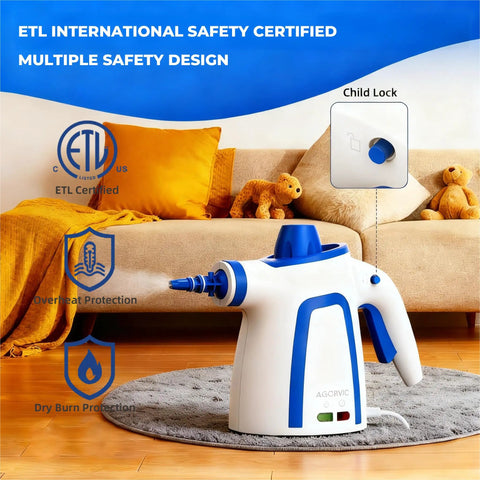 Tough Day Grime Handheld Steam Cleaner That Heats Up Fast With A 13 Foot Cord To Wash Down Floors Tiles Carpets Couches And Car Seats Perfect For Quick Spot Fixes Around The Home with safety features shown.