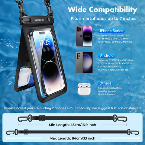 IPX8 Waterproof Phone Pouch Two Pack For iPhone 15 16 17 Pro Max Up To Seven Inches Dry Bag on blue water background
