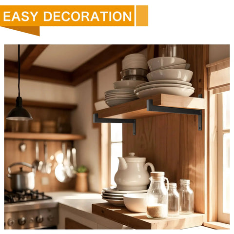 Beefy 6 Pack Shelf Brackets 10 Inch Wall Mounted T Shaped Industrial Metal Shelving Supports in kitchen with dishes