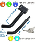 Trailer Hitch Receiver Lock With Dual Pins One Half Inch And Five Eighths Inch Bent Pin Built Tough Heavy Duty Lock shown with dimensions