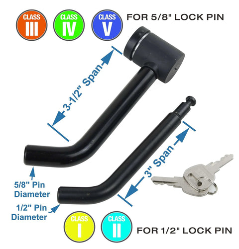 Trailer Hitch Receiver Lock With Dual Pins One Half Inch And Five Eighths Inch Bent Pin Built Tough Heavy Duty Lock shown with dimensions