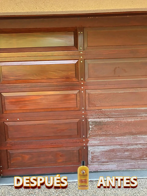 Sun Shield Wood Wax With UV Protection For Outdoor Furniture Gallon applied on wooden garage door, showing before and after results.