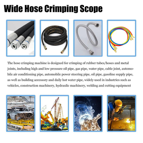 Portable Electric Hydraulic Hose Crimper Machine With 8 Heavy Duty Die Sets 110V Corded Power and Slick Micrometer Dial for Secure 6 to 28 Mm Tube Seals shown with various hose types for diverse applications.