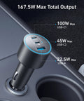 Ultra Compact 167.5W Triple Port USB-C Car Charger with labeled 100W USB-C1, 45W USB-C2, 22.5W USB-A outputs plugged into car