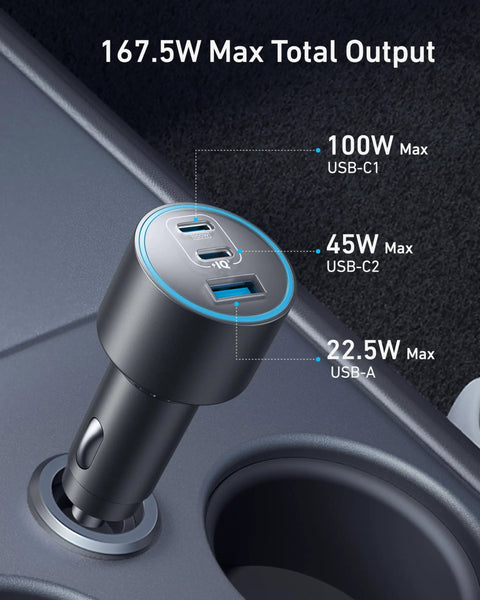 Ultra Compact 167.5W Triple Port USB-C Car Charger with labeled 100W USB-C1, 45W USB-C2, 22.5W USB-A outputs plugged into car