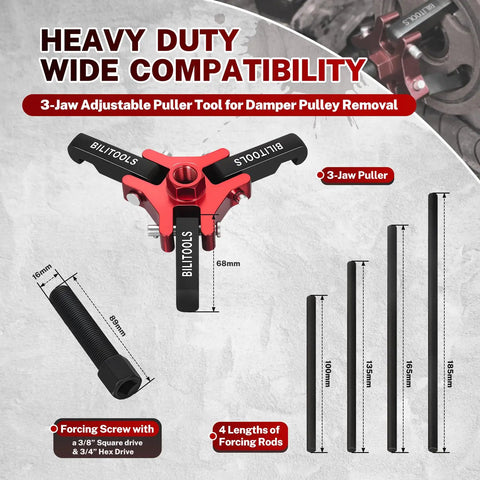 Harmonic Balancer Puller Set For Crankshaft Dampers 3 Jaw Pulley Removal Tool Fits LS GM Chevy Chrysler Ford Engines diagram