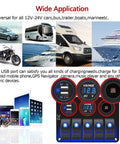 Waterproof 5 Gang Rocker Switch Panel With Aluminum Body For 12V To 24V Boats Cars RVs And Trucks Includes Dual USB Socket Volt Meter And Bright Blue LED Indicator Beefed Up Marine Grade Construction Easy DIY Install shown below various vehicles and electronic devices.