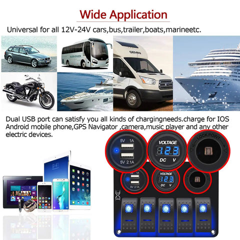 Waterproof 5 Gang Rocker Switch Panel With Aluminum Body For 12V To 24V Boats Cars RVs And Trucks Includes Dual USB Socket Volt Meter And Bright Blue LED Indicator Beefed Up Marine Grade Construction Easy DIY Install shown below various vehicles and electronic devices.