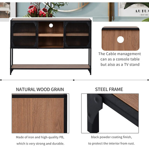 Rock Solid Industrial Buffet Sideboard Console Table With Rustic Farmhouse Barnwood Vibe And Heavy Metal Grid Doors viewed from the front showcasing dual mesh doors.