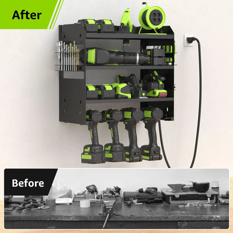 Modular Power Tool Organizer Wall Mount Garage Shelf with Four Tiers showcasing organized drills and tools on a wall.