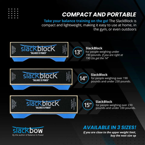Image of Slackblock balance trainers in sizes 13, 14, and 15 inches, showing compact and portable design for different weight categories.