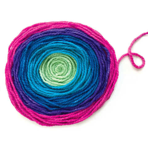 Rainbow yarn coil from Learn To Knit Pocket Scarf Kit For Beginners, Easy DIY Knitting Craft For Kids 9 Plus, colorful and chunky.
