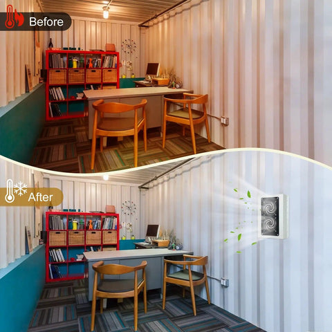 Before and after using Off Grid Vent Fan For Shipping Containers And Cabins With 15W Panel, Dual Quiet 2688 RPM Fans on office room wall.