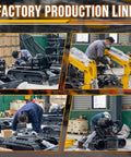 Factory workers assembling mini excavators on production line with mechanical parts and machinery.