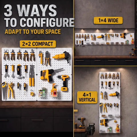 Image showing Game Changer Garage Wall Storage System With Four 12X16 Pegboard Panels, displaying tool organization options.