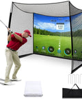 Person using 11x8Ft Golf Practice Net With Impact Screen, Big Backyard Hitting Cage for full swing indoors with heavy duty frame