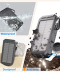 Outdoor Solar Charger 20000mAh Portable Power Bank With USB C Cable Waterproof Solar Battery Pack Dual Flashlights shown outdoors