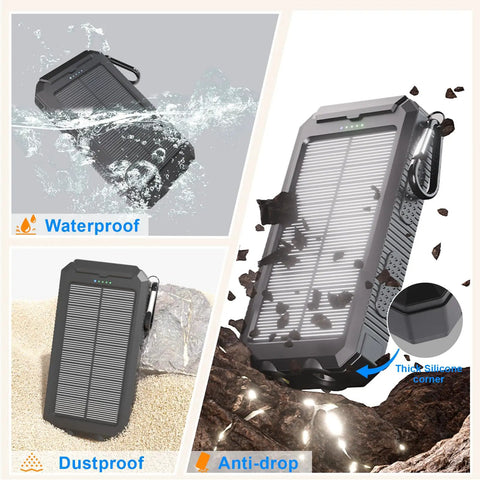 Outdoor Solar Charger 20000mAh Portable Power Bank With USB C Cable Waterproof Solar Battery Pack Dual Flashlights shown outdoors