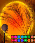 Sunrise Mood Lamp With Remote projecting 16 color changing sunset on bedroom wall, showing dynamic light modes and ambiance.