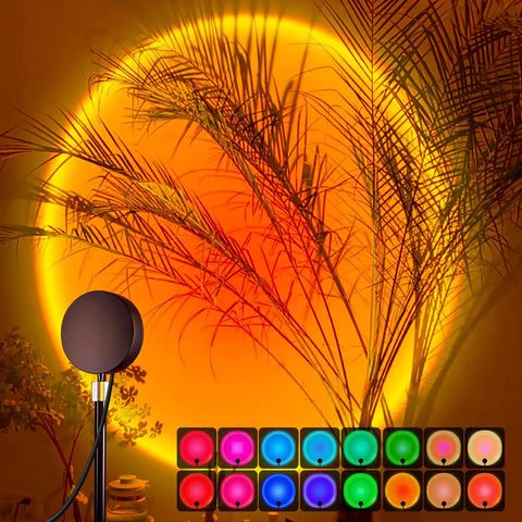Sunrise Mood Lamp With Remote projecting 16 color changing sunset on bedroom wall, showing dynamic light modes and ambiance.