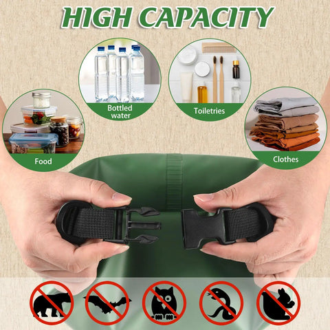 Bear Proof Camping Hanging Kit With 15L Scent Proof Bag shown with high capacity storage options for food, water, and toiletries.