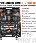 Tap and Die Set, 116-piece; front view of open black case with metric and SAE taps and dies