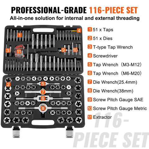 Tap and Die Set, 116-piece; front view of open black case with metric and SAE taps and dies