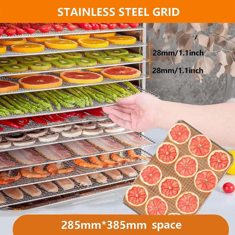 Commercial Electric Food Dehydrator Stainless Steel Jerky Maker With Reliable Touch Controls For No Hassle Drying Of Fruits Meats Vegetables Herbs And Snack Game Changers, showing stainless steel grid with various dehydrated fruits and vegetables.