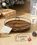 9 Inch Wooden Lazy Susan Turntable Organizer For Cabinets And Kitchen Countertops 360 Degree Rotation with Metal Rim
