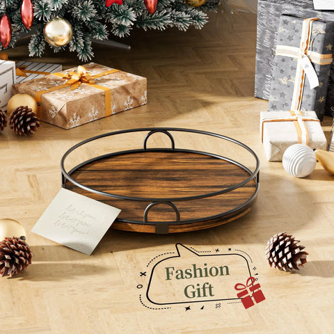 9 Inch Wooden Lazy Susan Turntable Organizer For Cabinets And Kitchen Countertops 360 Degree Rotation with Metal Rim